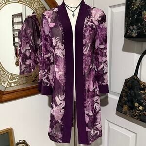 NWT R&M Collection Dark Purple & Silver Shimmery Sheer Floral Kimono Cardigan 16